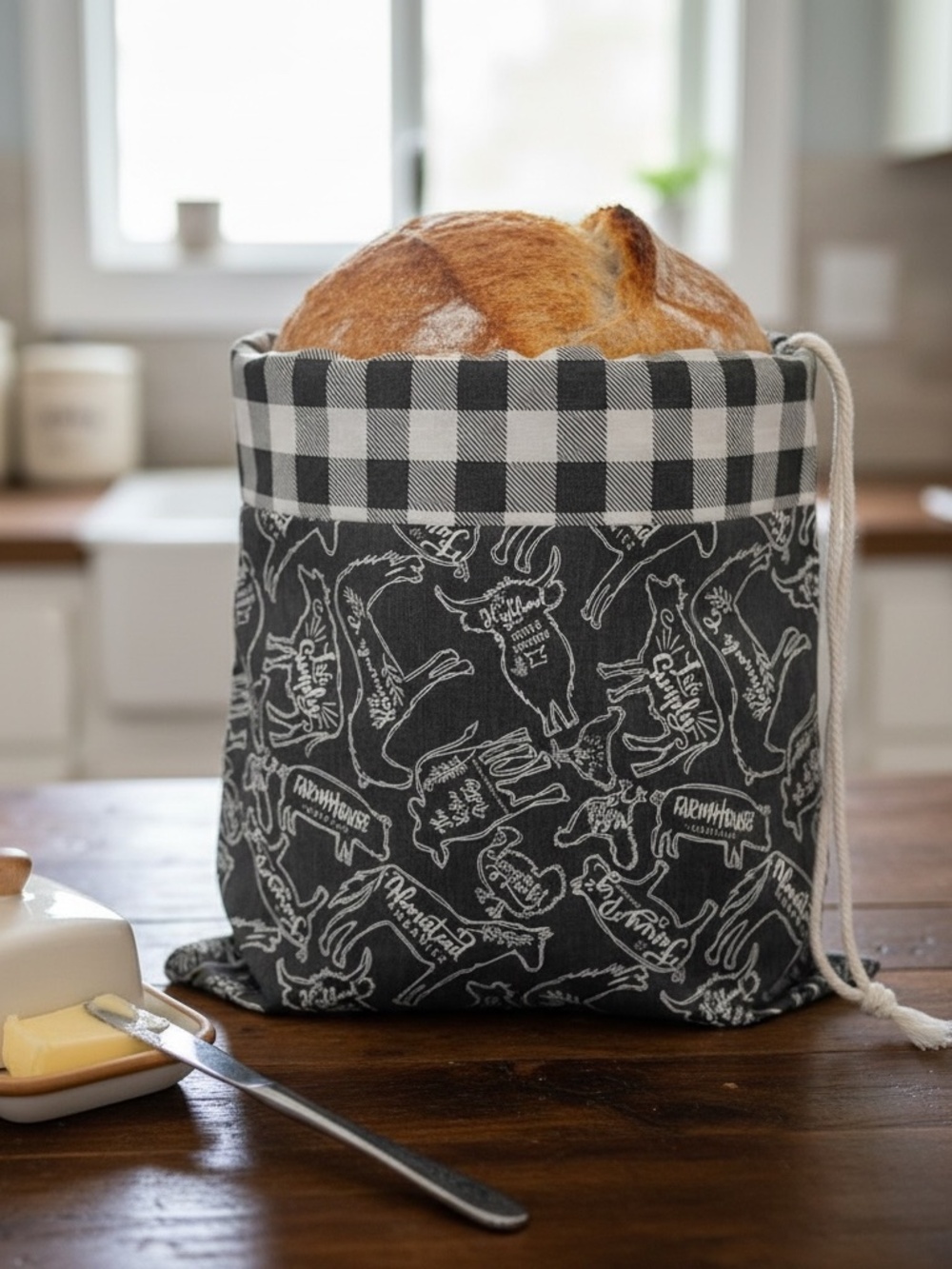 Farmhouse Cow and Pig Bread Bag – Gray & White Cotton – Reusable Sourdough Sack